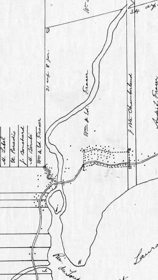 Limites du village de Fraserville en 1850. Extrait de plan d’arpentage de Vital Desrochers, 9 mars 1850. Le village de Fraserville est incorporé le 9 septembre 1850. (Source : BAnQ)